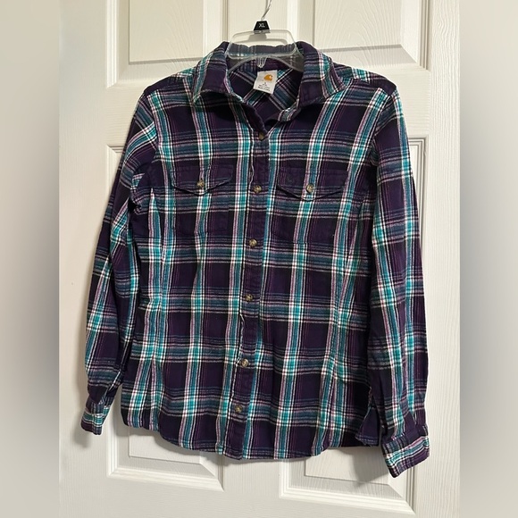 Carhartt Women's Shirt Button Up Flannel Long Sleeve Small Purple/Teal/ White - Picture 1 of 2